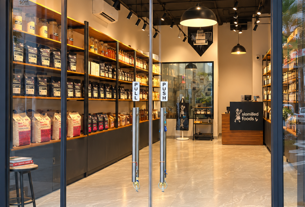 Entrance of the Slomilled Foods store at M3M Urbana, Golf Course Extension Road, Gurugram, with shelves of flours, oils and ghee inside