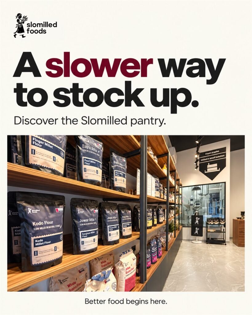 Slomilled Foods poster: “A slower way to stock up. Discover the Slomilled pantry.” Shelves of packed flours, with the caption “Better food begins here.”