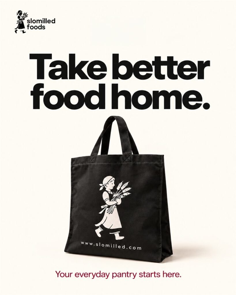 Slomilled Foods poster: “Take better food home.” A black Slomilled tote bag, with the line “Your everyday pantry starts here.”